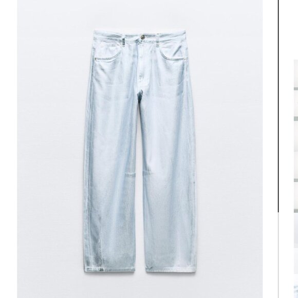 NWT ZARA MID WAIST TRF FOIL BALLOON BAGGY JEANS PASTEL BLUE - Picture 5 of 9